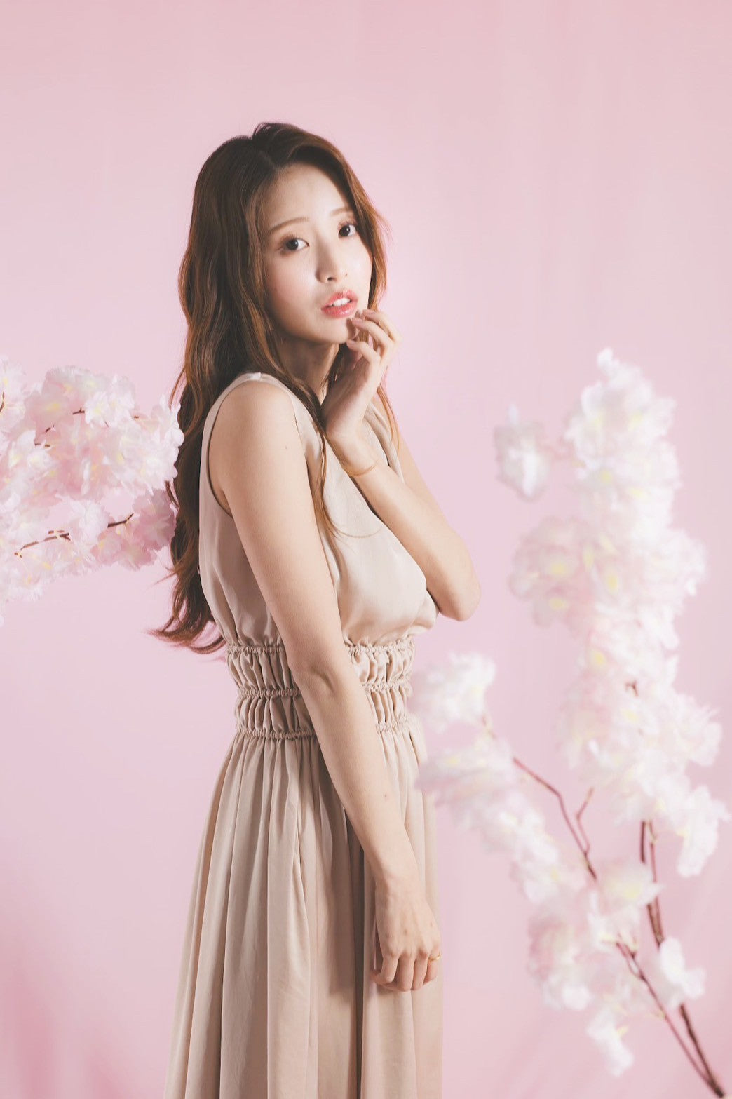 Shearling satin flare dress【Sakura】