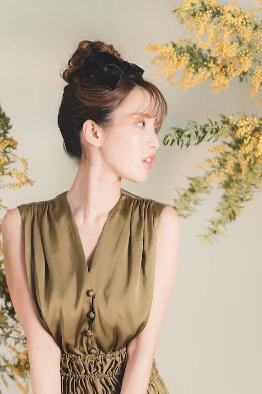 Shearling satin flare dress【Wakaba】